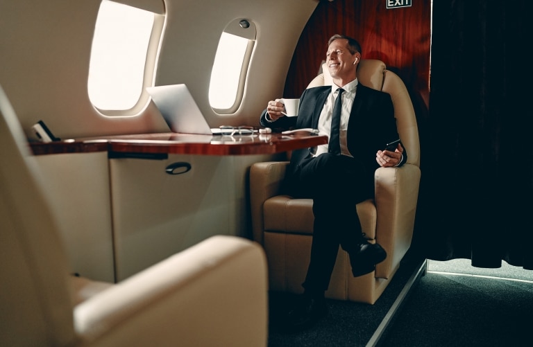 Business jet interior with exclusive genuine leather